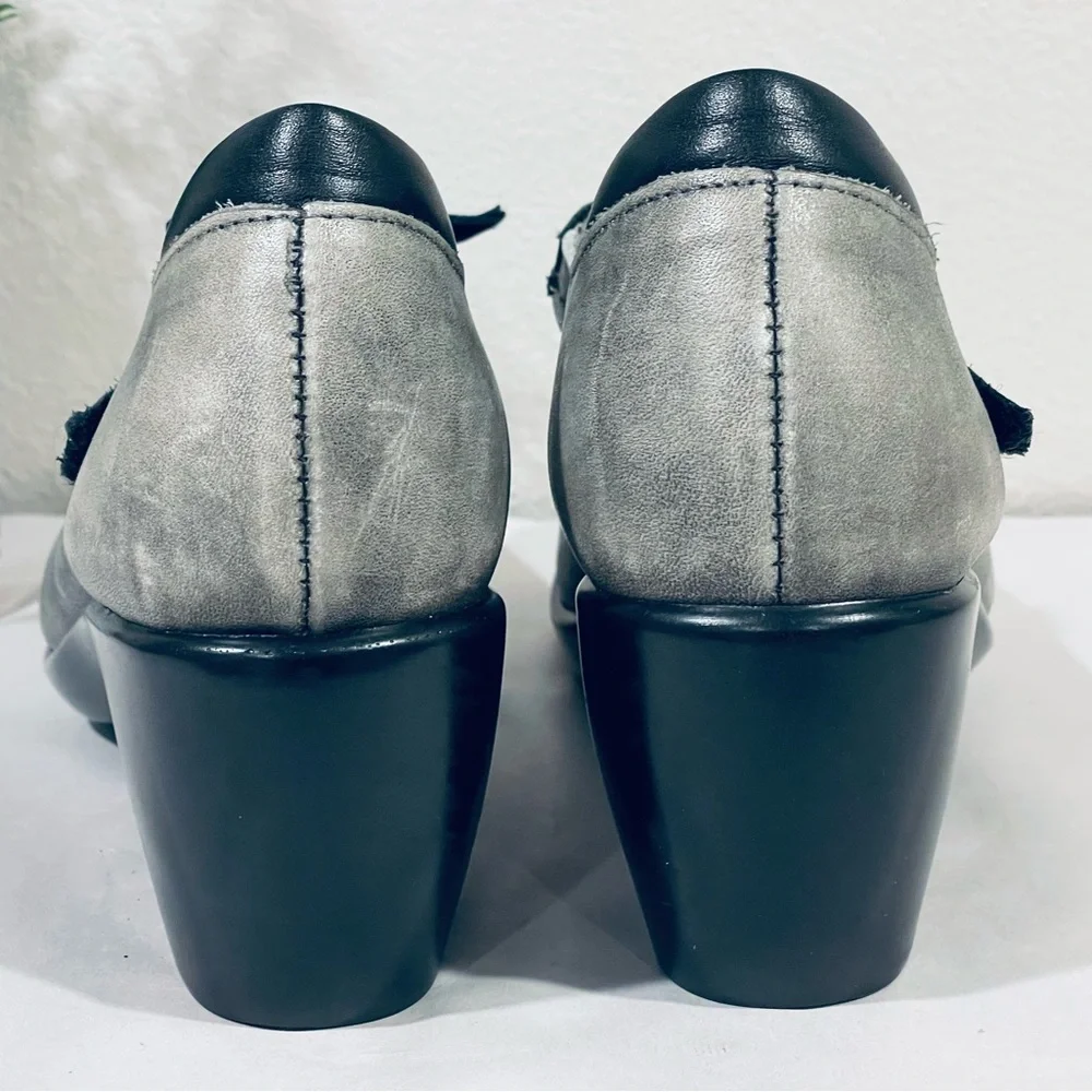 Naot Gray Distressed Leather Clogs Heels Hook & Loop Faux Tie Strap Closure |EUC